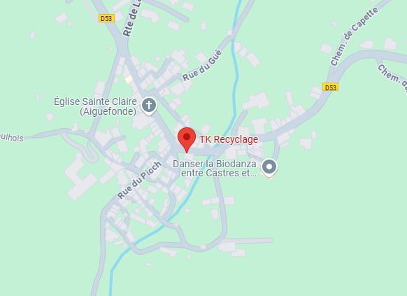 Carte de localisation avec marker rouge pour TK Recyclage à Aiguefonde, près de l'église Sainte Claire.
